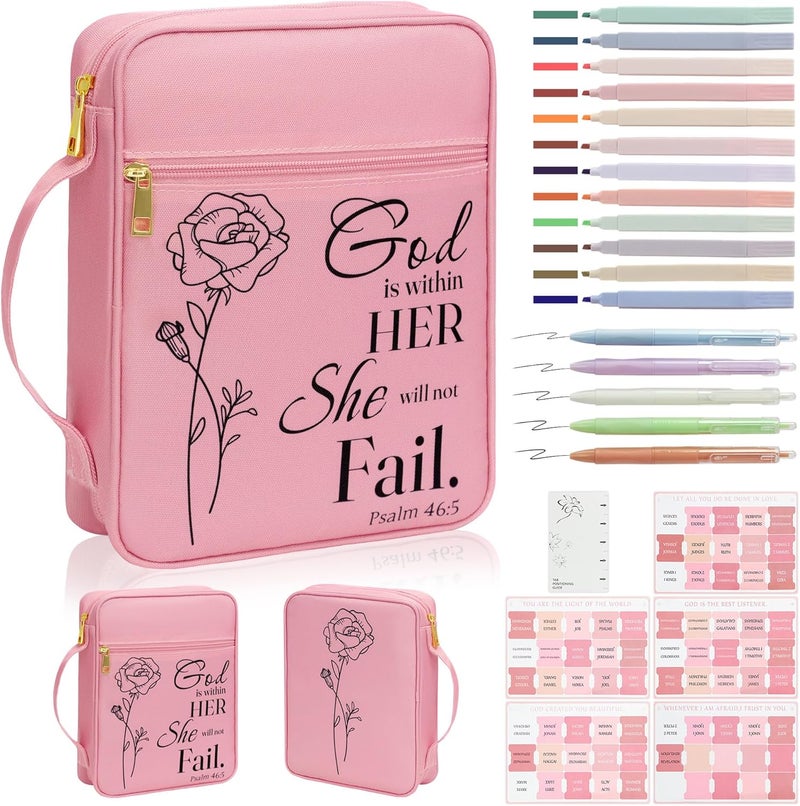 GUEER Bible Cover for Women, Bible Holder, Bible Study Supplies Accessories Bible Cover Carrier Carrying Organizer Bag, Zipper and Pockets for Standard Size Bible, Gift for Women（pinksuit） - Image 1